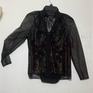 White House Black Market Black and Gold Sheer Blouse